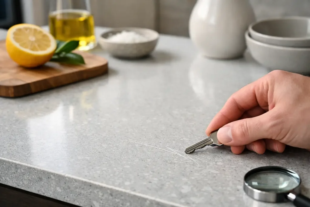Ridser en kvartskomposit-bordplade let?